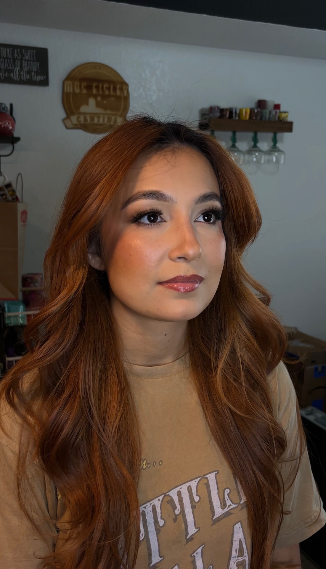 Full glam makeup with warm bronze eye and glossy lip